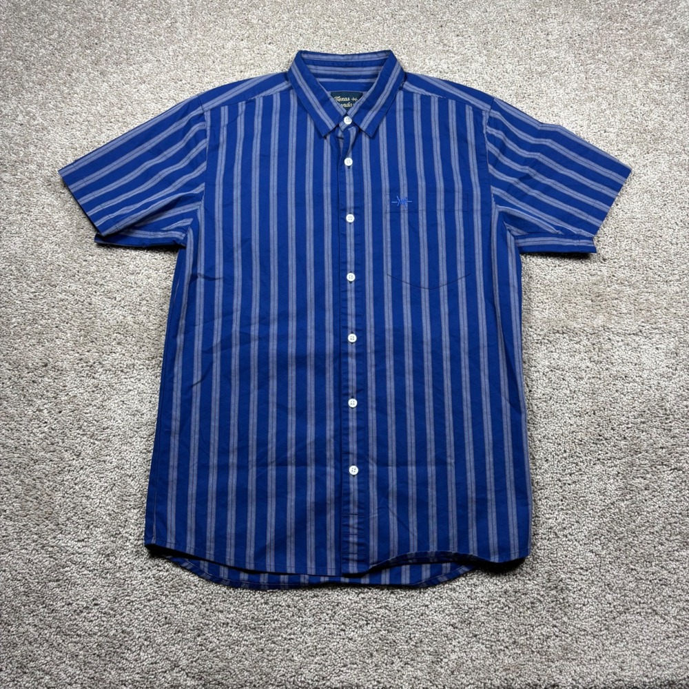 Texas Standard Mens Blue Striped Short Sleeve Button Down Shirt Size M Logo
